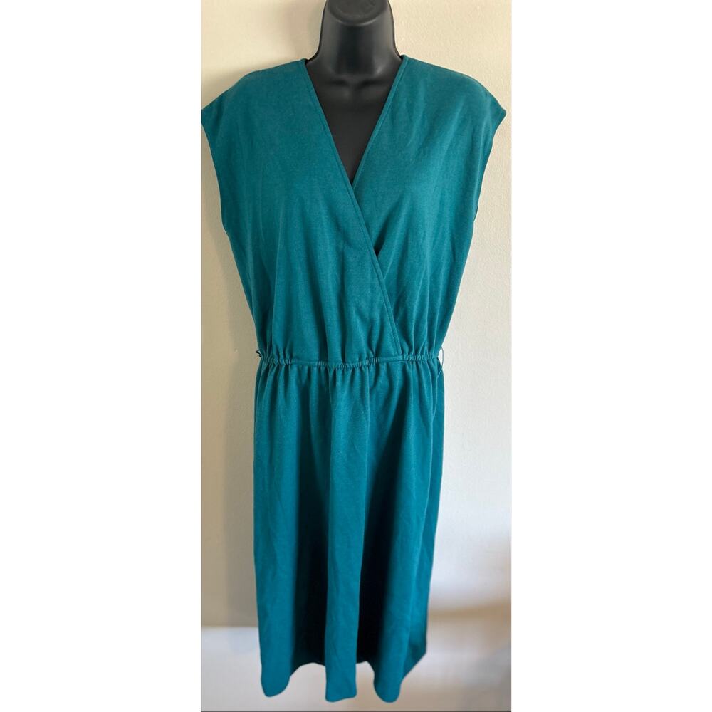 Vintage Teal Midi Dress 70s Draped Sleeve Elastic Waist Dress M/L